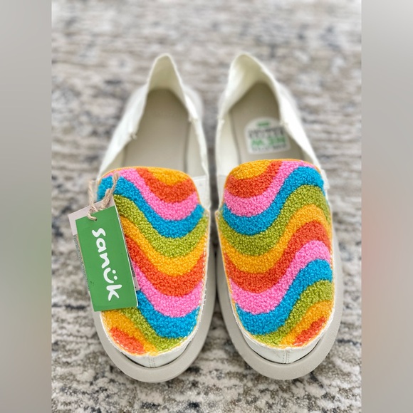 Sanuk Shoes - Sanuk Donna Rainbow Hemp Loafers Womens 8 White Colorful Slip On Sidewalk Surfer
